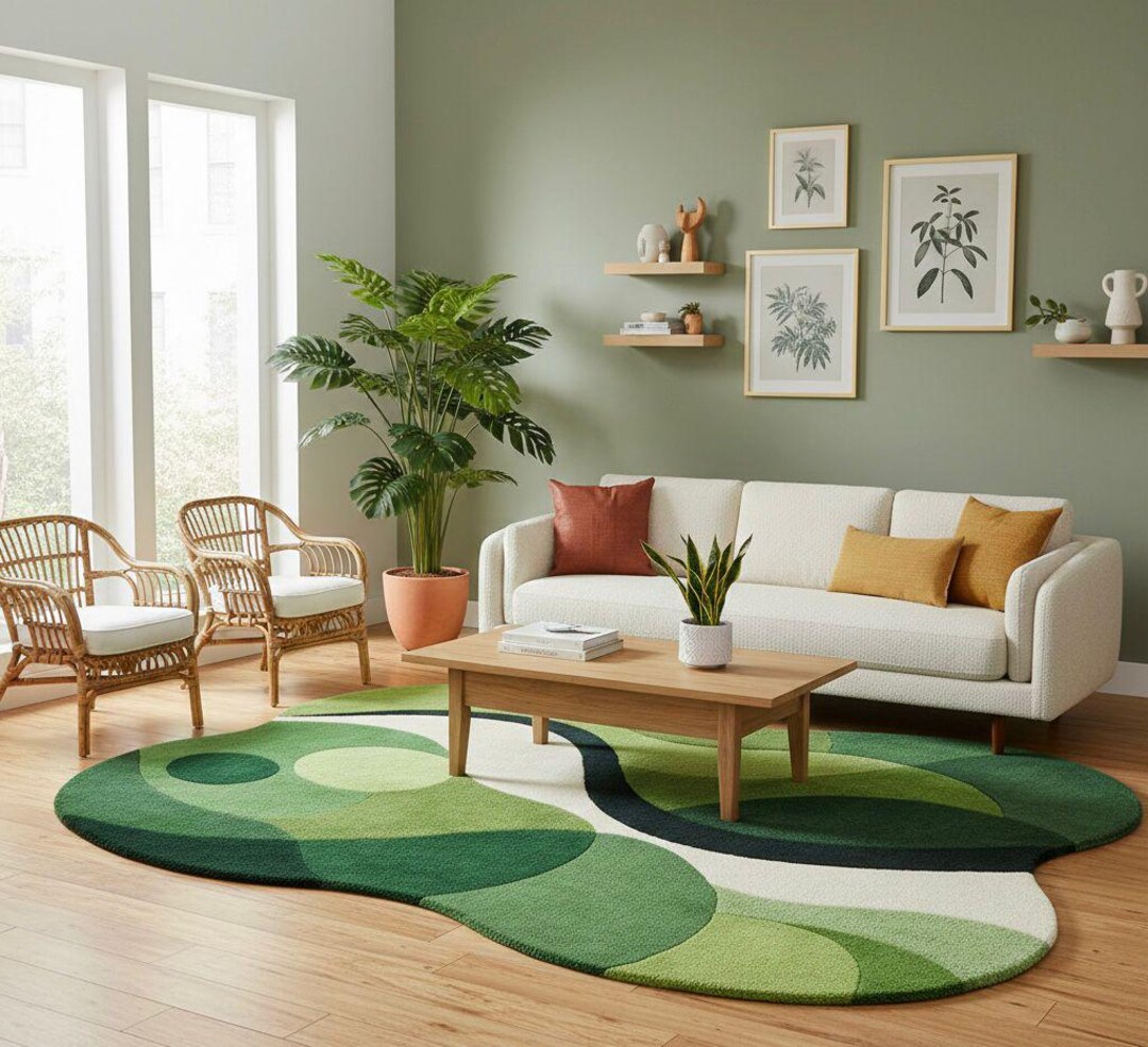 Organic Green Rug Organic Green Abstract Hand-tufted Rug | Modern Irregular Shape Nature ...