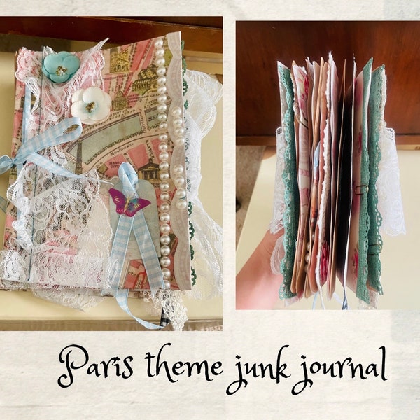 Handmade Vintage Paris French Junk Journal for sale lace shabby chic completed decoupage travel diary coquette ballet finished scrapbook