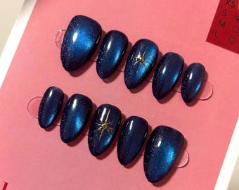 Starry Night Press On Nails: Navy Blue Cat Eye, Celestial Almond, Handmade