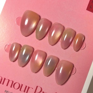 Nadia - Golder Hour Nails | Irredecent Pastel Short Almond Press On Nails | Velvet Handmade Press Ons