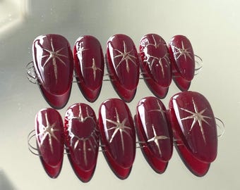 Red and Gold Chrome Press On Nails: Handmade Almond Nail Set