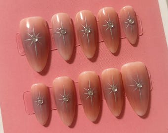 Milk Tea Aura Press On Nails: Medium Almond Celestial Reusable Nails