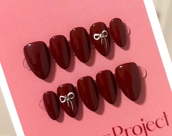 Red Coquette Press On Nails: Almond, Hand-Painted Bows