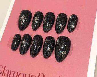 Black Glitter Celestial Press On Nails: Gold Star Almond Nail Set