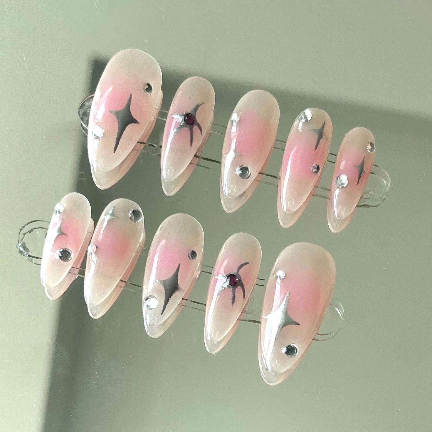 Y2K Pink Ombre Press On Nails: Aura Rhinestone Almond Nails