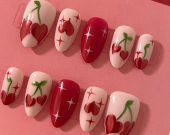 Cherry Cola Press On Nails: Short Almond, Hand Painted Spring Nails
