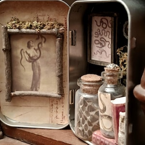 May include: A miniature, open metal box displaying a vintage aesthetic. Inside, a framed sepia-toned image of a person with a snake, a smaller framed snake drawing, and two glass bottles with cork stoppers. The box is on a wooden shelf.