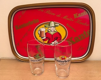 Vintage Kanterbrau tray for serving beer in metal, advertising tray, and 2 Kanterbrau glasses