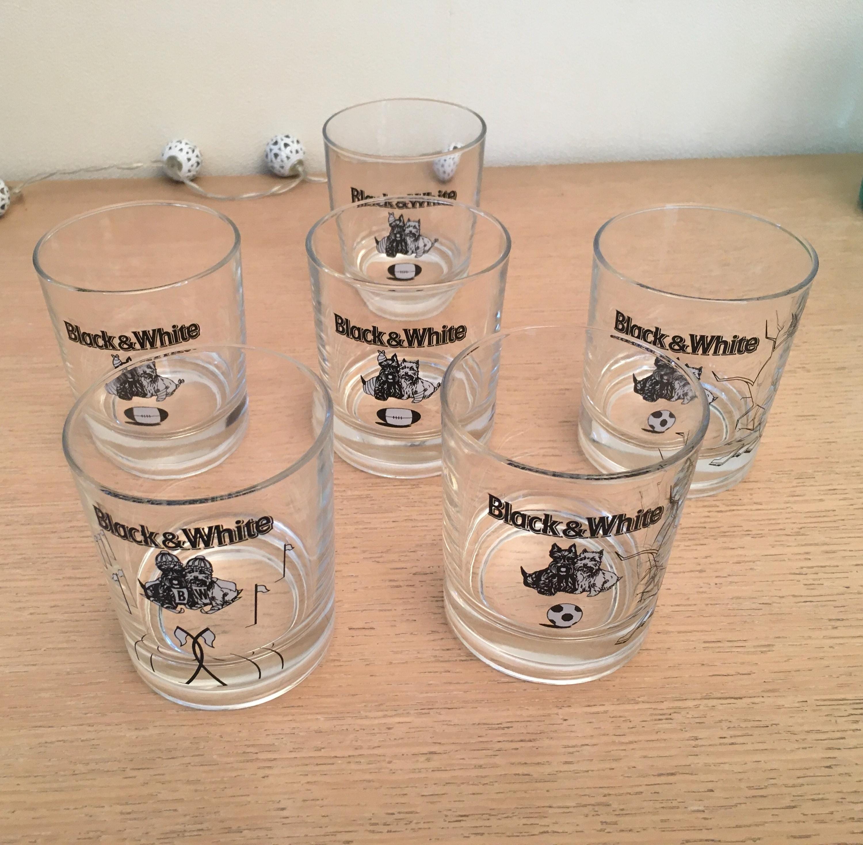 6 Black and White whiskey glasses with Scottie and Westie sports series (football, rugby, golf)