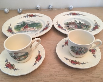 Vintage Sarreguemines coffee cups and Sarreguemines Obernai dessert plates
