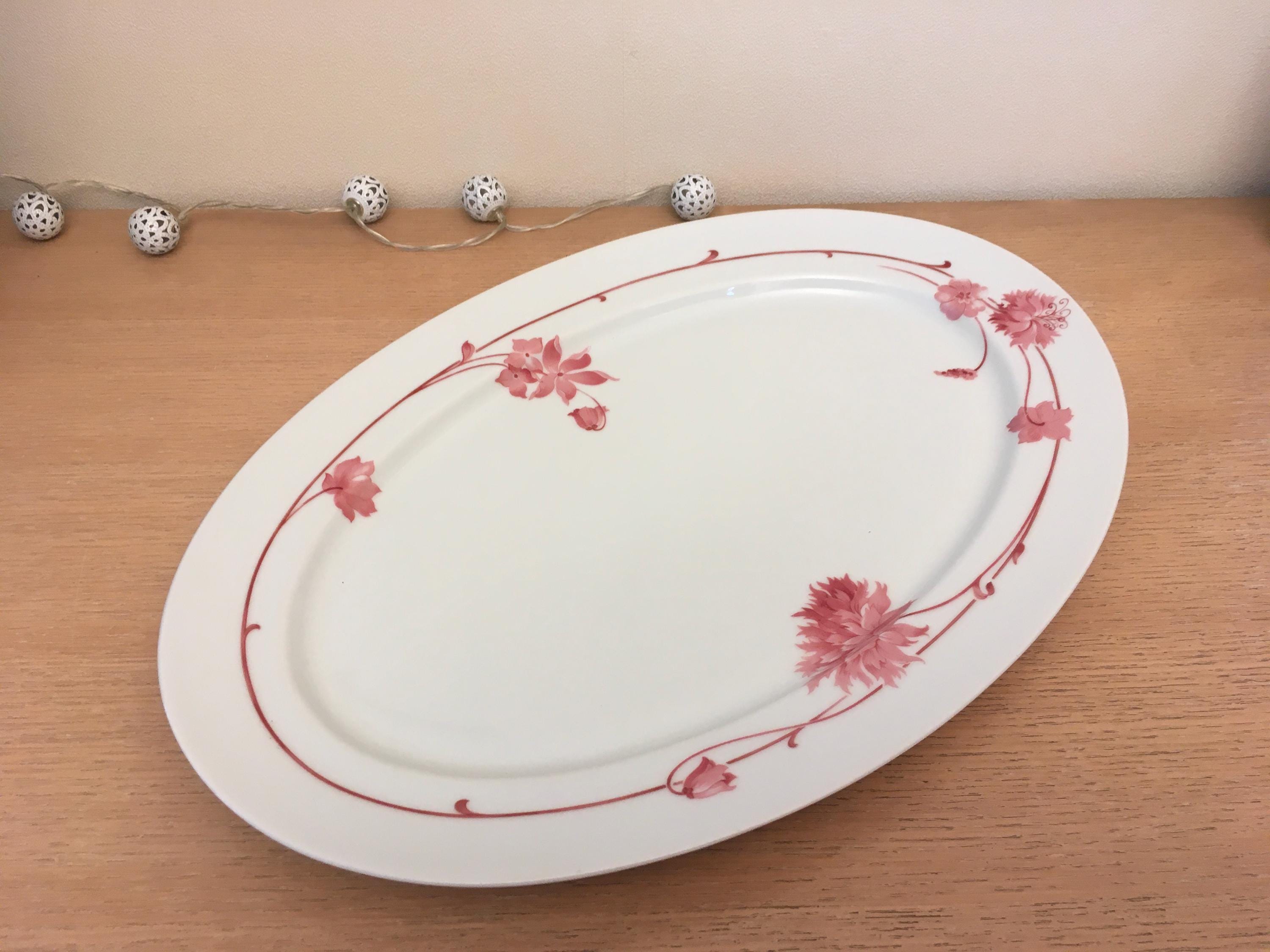 Large oval Limoges porcelain dish - Jammet Seignolles - Pink flowers
