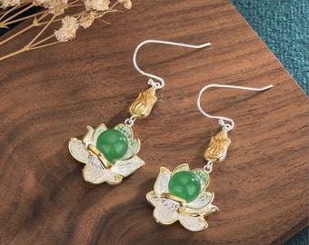 Jade Drop Dangle Earrings Lotus Flower Gemstone Boho 18K White Gold Plated