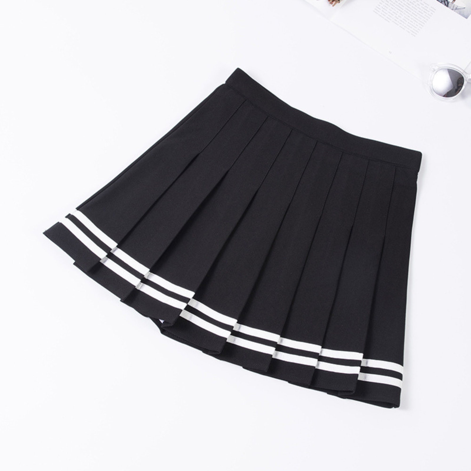 High Waist Skirts Striped Pleated Elastic Waist Female Sweet Mini