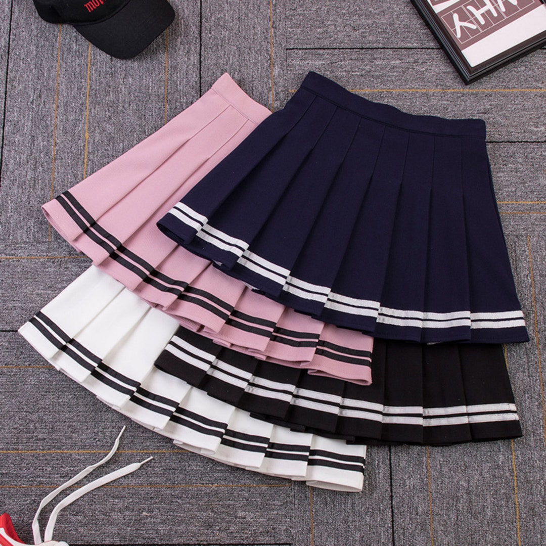 High Waist Skirts Striped Pleated Elastic Waist Female Sweet Mini ...