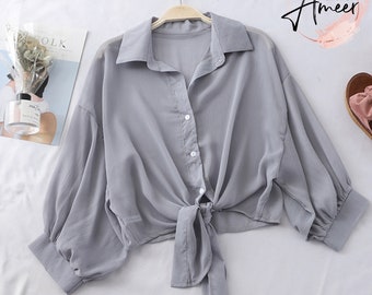 Half Sleeve Buttoned Up | Comfortable Loose Blouse Tied Waist Style