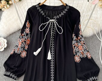 Bohemian Embroidered Blouse - Round Neck with Tassels, Loose Cotton-Linen Shirt