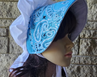 Gorro estilo pionero victoriano con estampado de bandana azul: rojo, ala azul blanca, recreación de cosplay