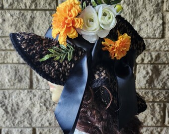 Sombrero de copa holgado de ala ancha con estampado floral y ribete de cinta, de color tweed, estilo vintage para mujer.
