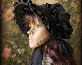 Sombrero de luto victoriano negro con volantes, estilo pradera, década de 1800, estilo antiguo, cosplay, guerra civil, gótico, cinta