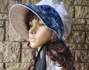 Gorro pionero victoriano: mezcla de algodón blanco con ala azul teñida