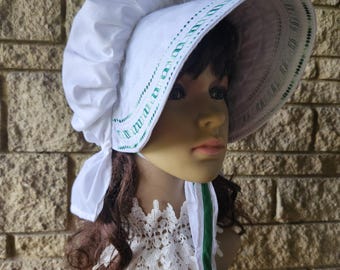 Gorro victoriano de algodón blanco con ala bordada en verde, sombrero de jardín para el sol, accesorio de vestuario histórico para mujer