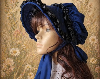 Gorro victoriano de luto, azul marino con volantes, de la década de 1850, para recreación de la Guerra Civil, estilo gótico, para cosplay o estilo pradera.