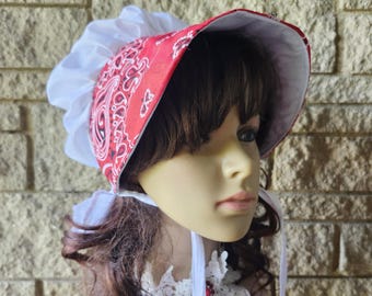 Gorro victoriano pionero estilo bandana: mezcla de algodón blanco con ala azul teñida