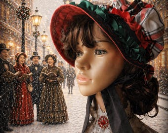 Sombrero Dickens de inspiración victoriana, satén, rojo, cinta verde, algodón, estilo vintage, villancico, San Patricio, gorro de franela, gorro de villancico.