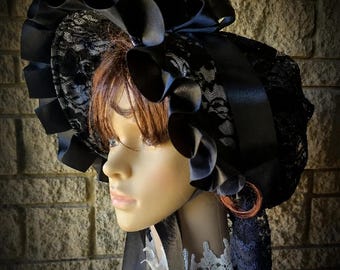 Gorro gótico negro de satén con lazo y encaje, estilo victoriano, para cosplay, elegante gorra Lolita EGL