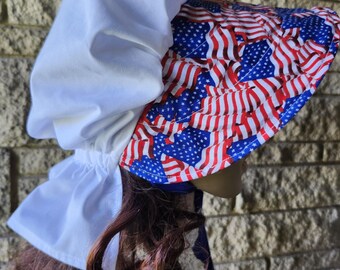 Gorro patriótico victoriano pionero, con ala roja, blanca y azul, para cosplay, recreación histórica, sombrero de dama de la década de 1850