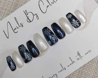 Winter Blue Glitter Snowflake Press on Nails