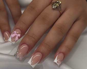 White and bling French tip nails with bow| Handmade Press On Nails