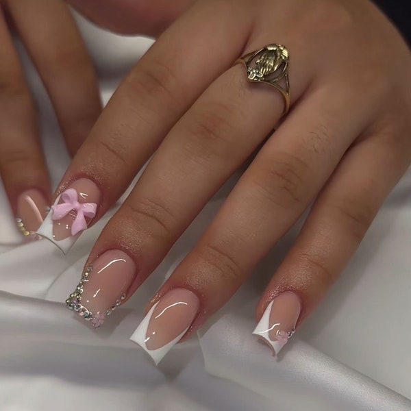 White and bling French tip nails with bow| Handmade Press On Nails