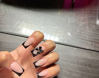 Black French tip nails with bow| Handmade Press On Nails