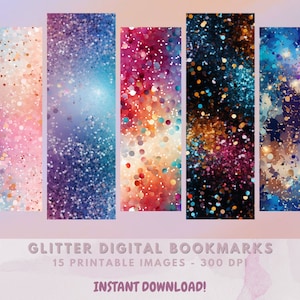15 Glitter Printable Bookmarks | Instant Download | Print at Home | JPG Bookmark Set | PNG Bookmark Sublimation