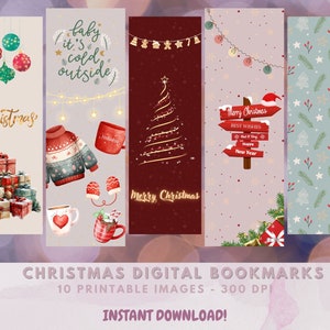 10 CuteChristmas Themed Printable Bookmarks | Instant Download | Print at Home | JPG Bookmark Set | PNG Bookmark Sublimation