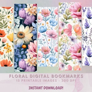 15 Floral Printable Bookmarks | Instant Download | Print at Home | JPG Bookmark Set | PNG Bookmark Sublimation