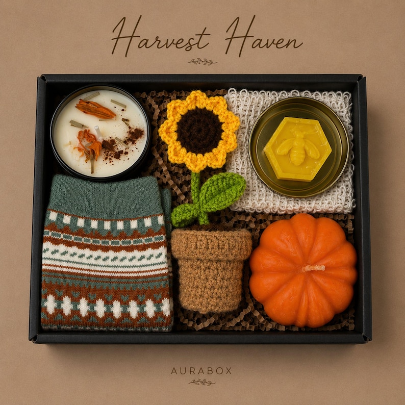 Thanksgiving gift box for women, fall spa gift basket, cozy autumn self care package, pumpkin candle gift set, hostess gift for Thanksgiving dinner, hygge gift box, seasonal relaxation basket, honey soap gift, sunflower crochet decor, cozy socks gift, comfort care package, autumn birthday gift, gift for mom, gift for sister, thinking of you gift, luxury fall gift basket, ready to gift, next day shipping