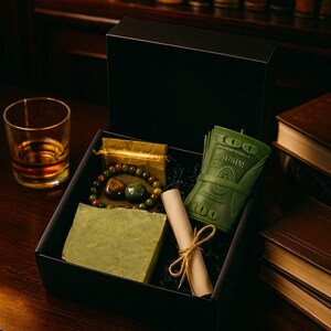 Wealth manifestation gift set with crystal bracelet, tiger eye stone, green aventurine, prosperity candle, handmade soap and intention scroll in black gift box, spiritual abundance ritual kit for attracting money success and positive energy, law of attraction gift for her or him, meaningful crystal gift set for manifestation and personal growth