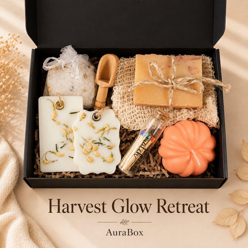 Fall gift box for women featuring a cozy autumn gift basket beautifully arranged in a premium black gift box with pumpkin accent, warm knit socks, sunflower detail, botanical candle, artisan soap and harvest-inspired gifts. Harvest Bliss Box is styled in rich orange, brown, golden yellow and cream fall colors, perfect as a Thanksgiving gift, hostess gift, fall birthday gift, pumpkin care package, autumn gift basket or cozy gift for her.