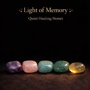 Grief support healing stones set informational cards from AuraBox displayed on a dark warm background with candlelight and dried flowers. The cards explain the meaning of Amethyst, Rose Quartz, Amazonite, Jade and Topaz crystals used for emotional healing, remembrance and comfort during loss. Memorial crystal gift set guide for sympathy, bereavement support and peaceful reflection.