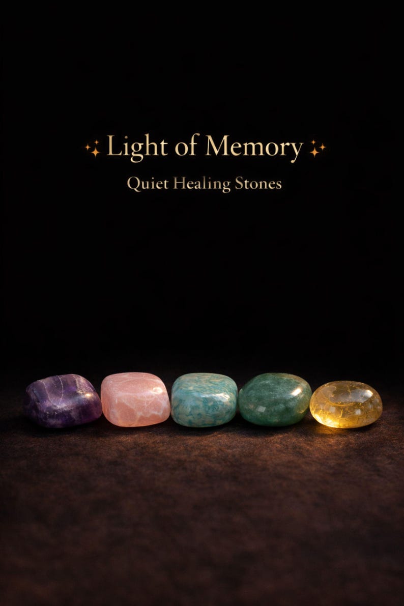 Grief support healing stones set informational cards from AuraBox displayed on a dark warm background with candlelight and dried flowers. The cards explain the meaning of Amethyst, Rose Quartz, Amazonite, Jade and Topaz crystals used for emotional healing, remembrance and comfort during loss. Memorial crystal gift set guide for sympathy, bereavement support and peaceful reflection.