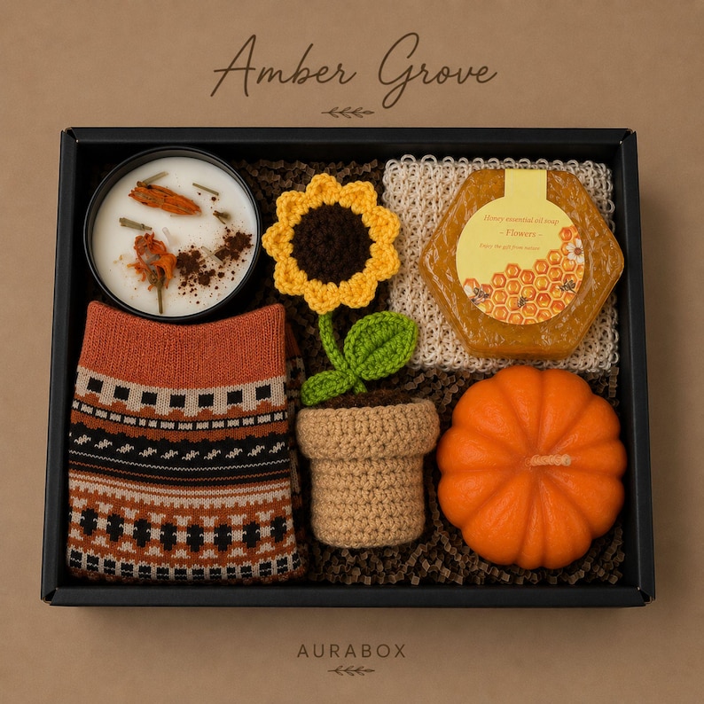 Thanksgiving gift box for women, fall spa gift basket, cozy autumn self care package, pumpkin candle gift set, hostess gift for Thanksgiving dinner, hygge gift box, seasonal relaxation basket, honey soap gift, sunflower crochet decor, cozy socks gift, comfort care package, autumn birthday gift, gift for mom, gift for sister, thinking of you gift, luxury fall gift basket, ready to gift, next day shipping