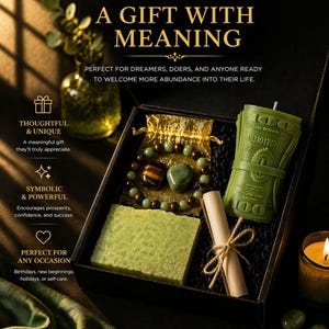 Wealth manifestation gift set with crystal bracelet, tiger eye stone, green aventurine, prosperity candle, handmade soap and intention scroll in black gift box, spiritual abundance ritual kit for attracting money success and positive energy, law of attraction gift for her or him, meaningful crystal gift set for manifestation and personal growth
