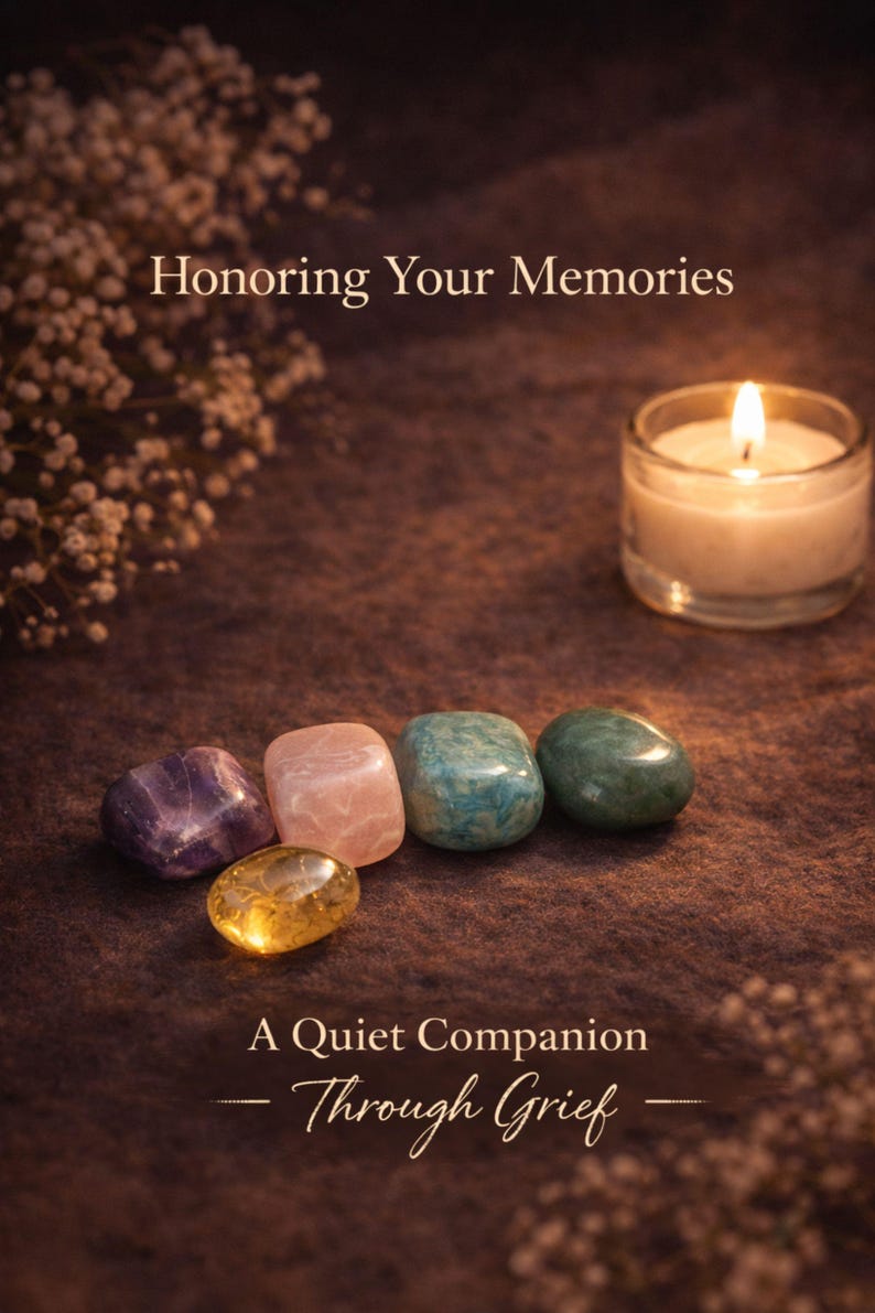 Grief support healing stones set informational cards from AuraBox displayed on a dark warm background with candlelight and dried flowers. The cards explain the meaning of Amethyst, Rose Quartz, Amazonite, Jade and Topaz crystals used for emotional healing, remembrance and comfort during loss. Memorial crystal gift set guide for sympathy, bereavement support and peaceful reflection.