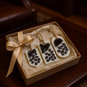 Coffee lover gift box featuring a handmade coffee scented candle and coffee inspired soap arranged in a cozy coffee themed gift box. This handmade coffee gift box is designed for coffee lovers and works as a unique coffee themed gift for birthdays, thank you gifts, or everyday gifting. A cozy coffee lover gift box ready to gift.