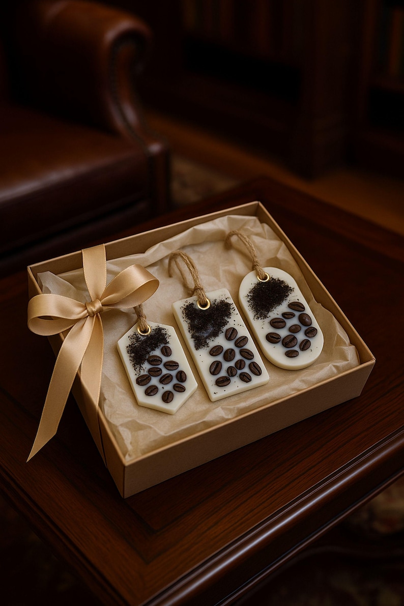 Coffee lover gift box featuring a handmade coffee scented candle and coffee inspired soap arranged in a cozy coffee themed gift box. This handmade coffee gift box is designed for coffee lovers and works as a unique coffee themed gift for birthdays, thank you gifts, or everyday gifting. A cozy coffee lover gift box ready to gift.