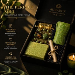 Wealth manifestation gift set with crystal bracelet, tiger eye stone, green aventurine, prosperity candle, handmade soap and intention scroll in black gift box, spiritual abundance ritual kit for attracting money success and positive energy, law of attraction gift for her or him, meaningful crystal gift set for manifestation and personal growth