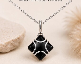 Black Onyx Necklace, Sterling Silver Onyx Pendant, Unisex Minimalist Jewelry, Black Gemstone Gift for Men Women, Protection Necklace