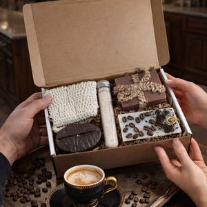 Coffee lover gift box featuring a handmade coffee scented candle and coffee inspired soap arranged in a cozy coffee themed gift box. This handmade coffee gift box is designed for coffee lovers and works as a unique coffee themed gift for birthdays, thank you gifts, or everyday gifting. A cozy coffee lover gift box ready to gift.
